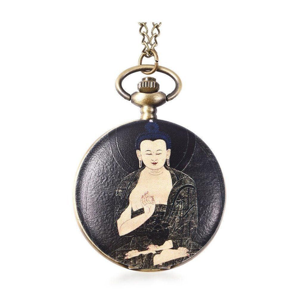 Meditating Buddha Pocket Watch Brasstone Chain